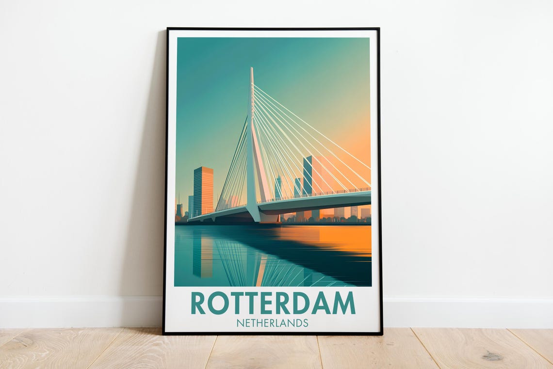 Rotterdam Erasmus Bridge Sunset Netherlands Modern Travel Poster