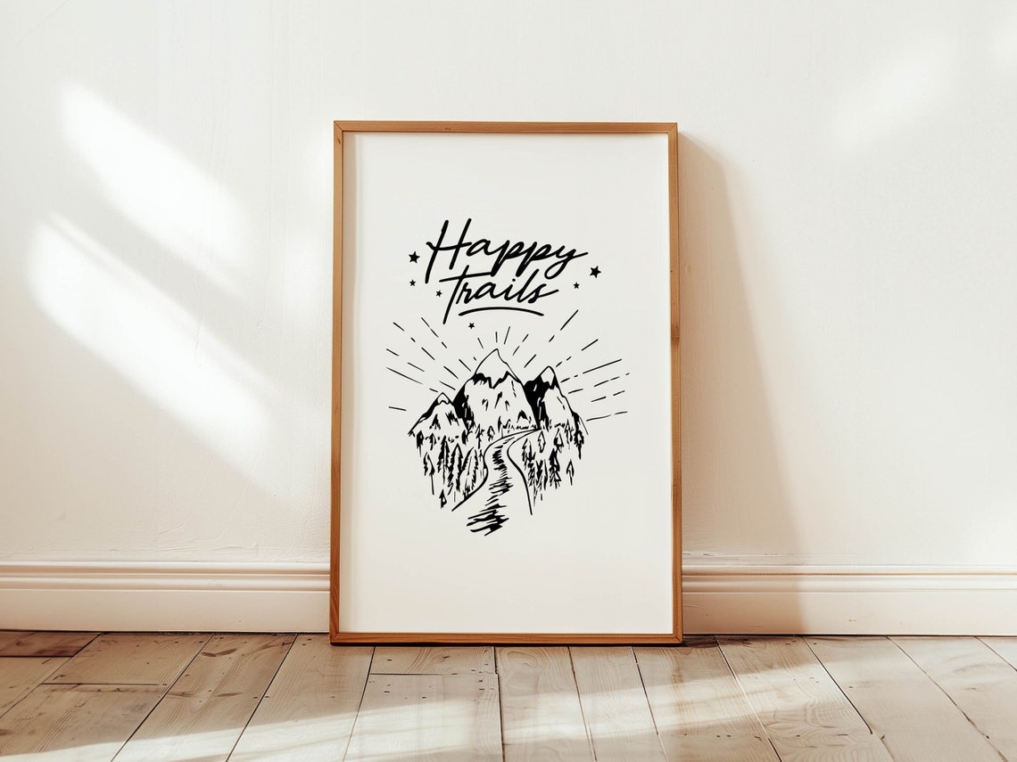 Happy Trails Mountain Hiker Line Art Black White Gift Poster