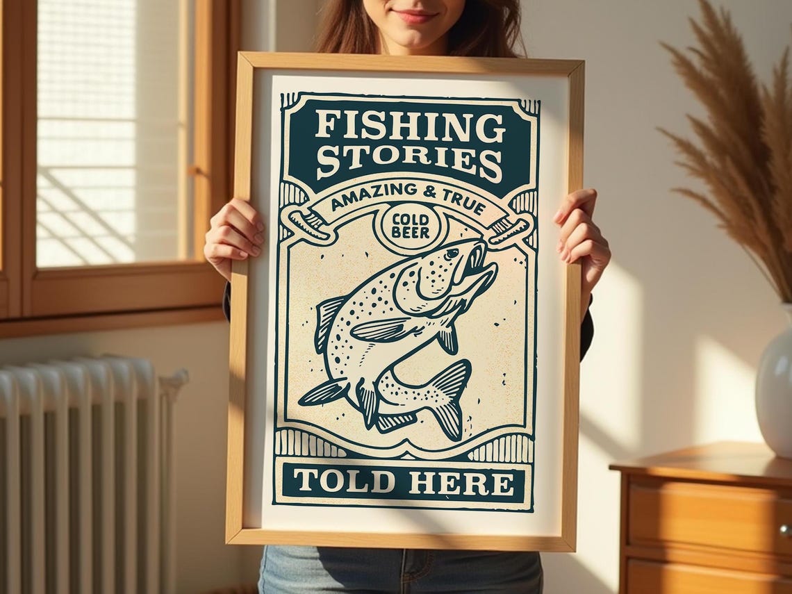 Fishing Stories Told Here Cold Beer Vintage Trout Cabin Poster - Image 4