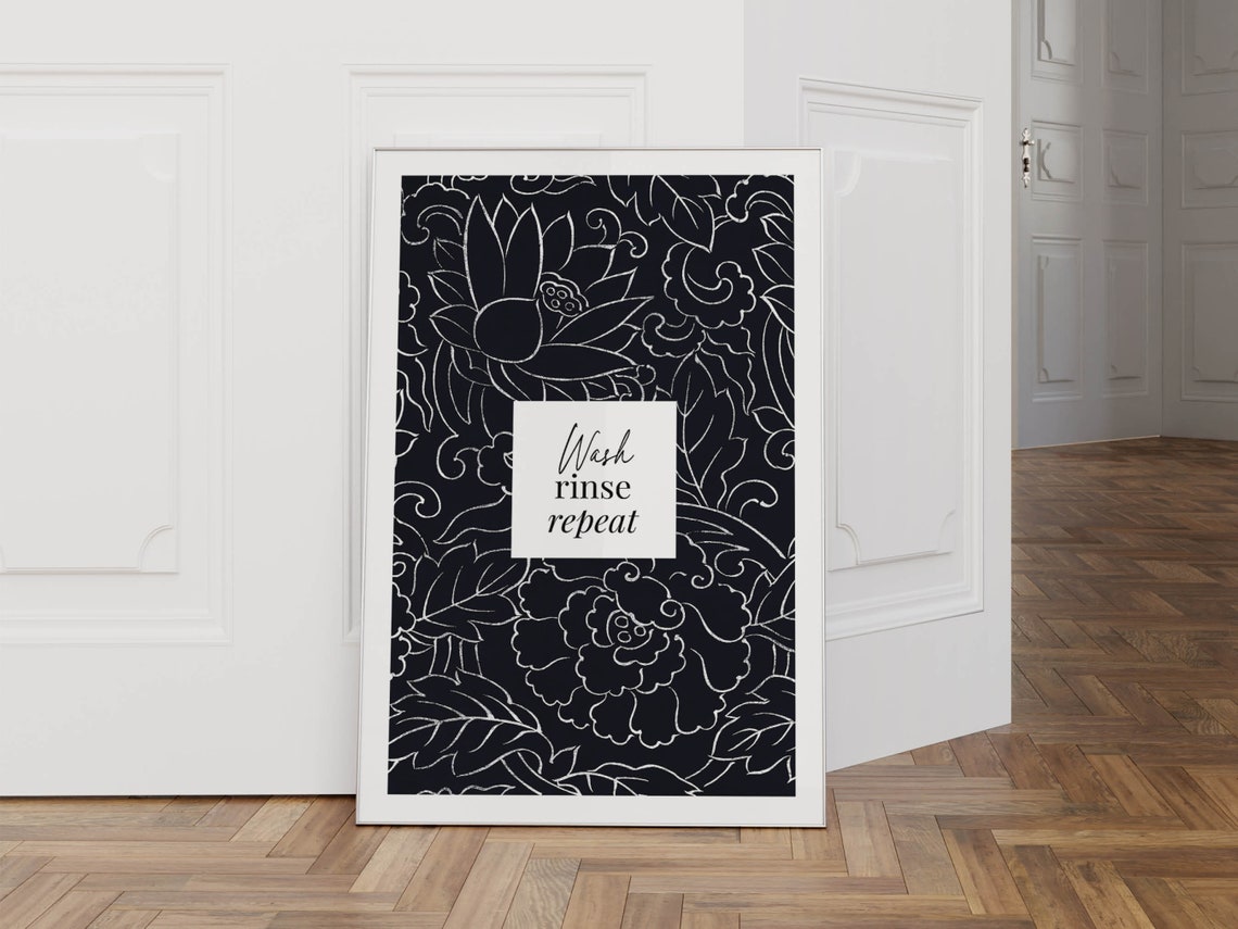 Wash Rinse Repeat Bathroom Poster Black Floral Line Art Wall Decor