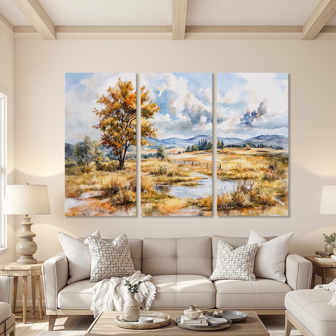 Golden Autumn Lone Tree Watercolor Stream Meadow Landscape Poster - Image 4