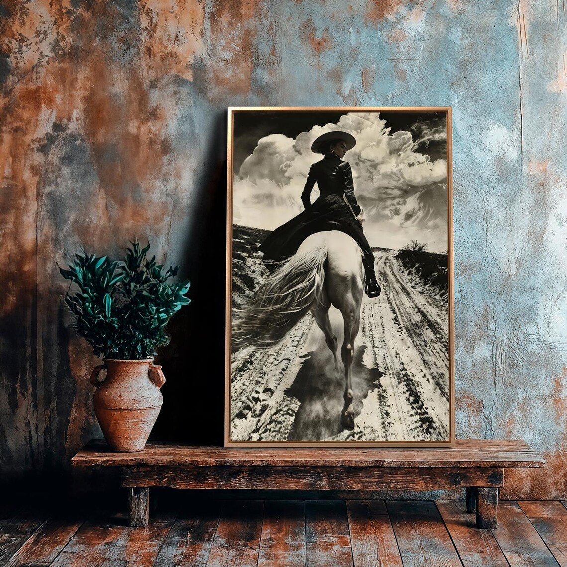 Black and White Cowgirl Riding Horse Down Dusty Trail Poster - Image 4
