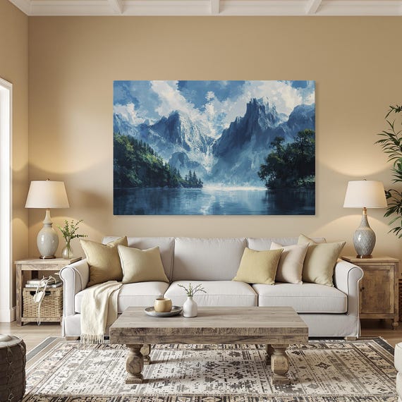 Majestic Mountain And Lake Scene Framed Canvas Print Landscape Painting Nature Decor Country Rustic Wall Art Ready To Hang