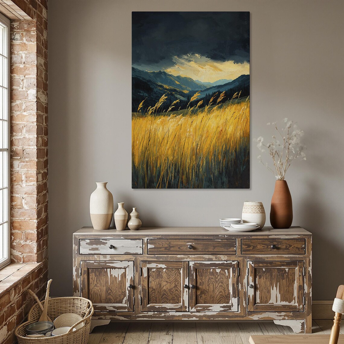 Golden Wheat Field Beneath a Dark Stormy Sky Landscape Poster
