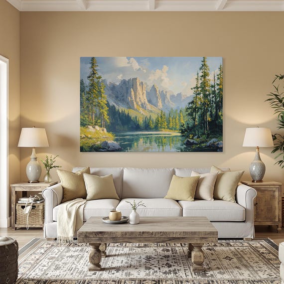 Breathtaking Lake And Mountain Scenery Framed Canvas Print Nature Art Rustic Decor Tranquil Forest Landscape Ready To Hang Gift For Him