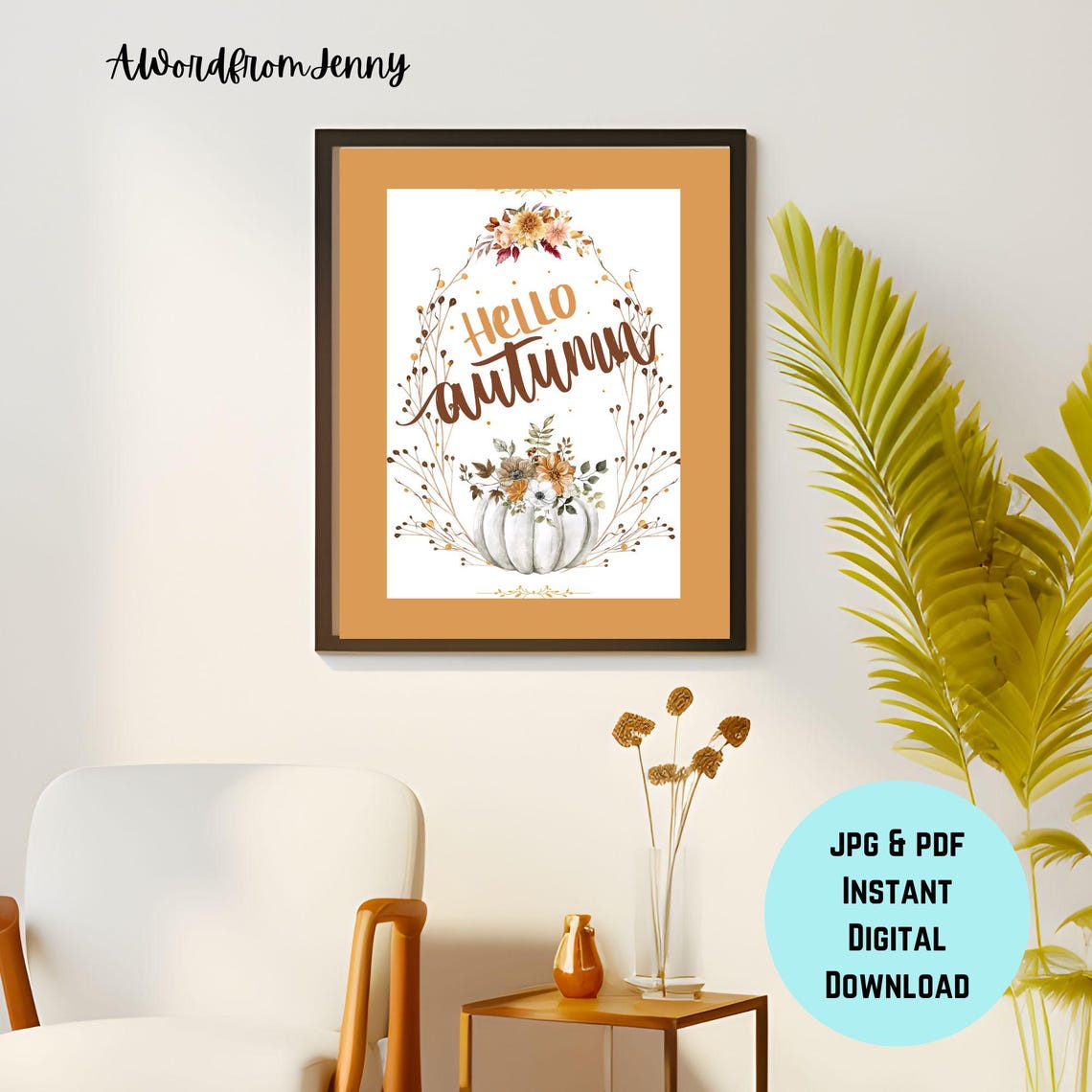 Hello Autumn White Pumpkin Watercolor Fall Floral Seasonal Wall Art