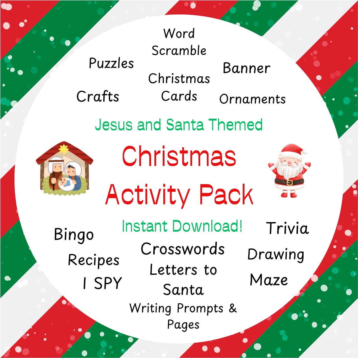 Jesus and Santa Themed Christmas Activity Pack Games Puzzles Print