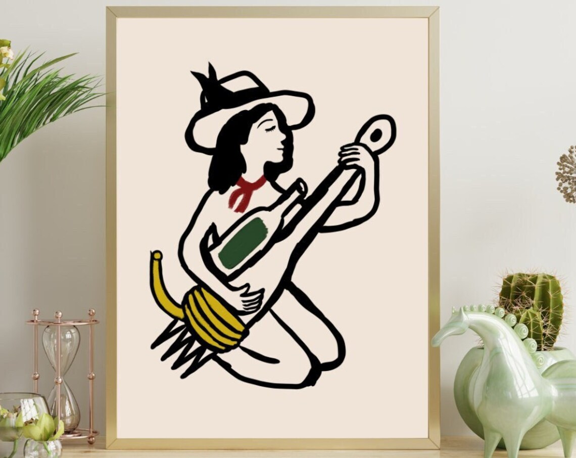 Wine And Pasta Club Cowgirl Minimalist Line Art Kitchen Wall Poster