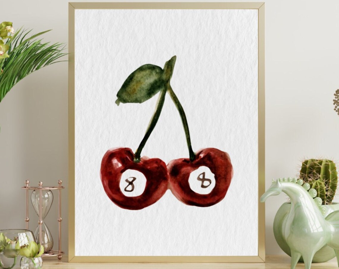 Cherry Eight Ball Watercolor Painting Lucky Number 8 Retro Poster