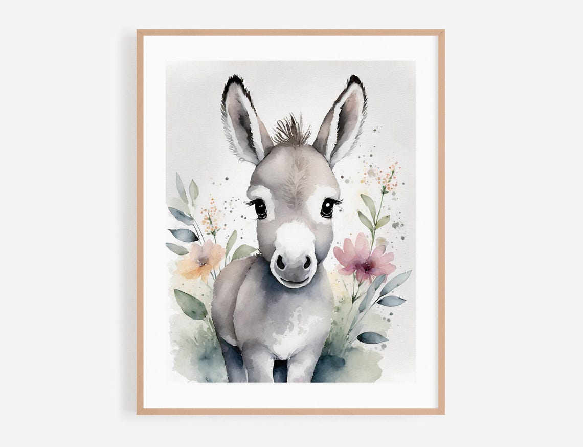Adorable Baby Donkey Watercolor Nursery Portrait Flowers Poster