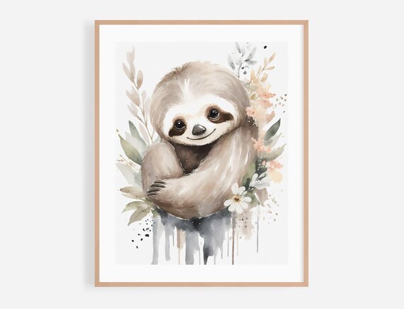 Sweet Sloth Watercolor Nursery Portrait With Wildflowers Poster
