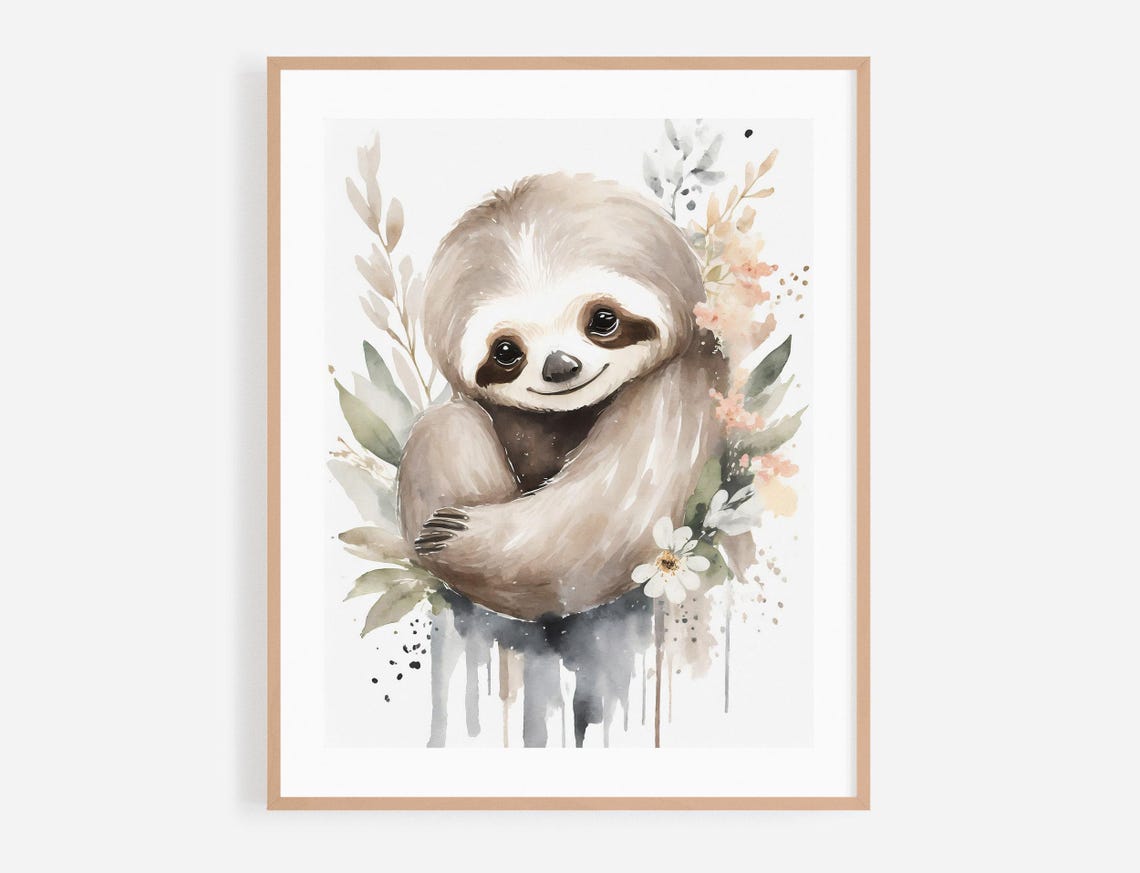 Sweet Sloth Watercolor Nursery Portrait With Wildflowers Poster