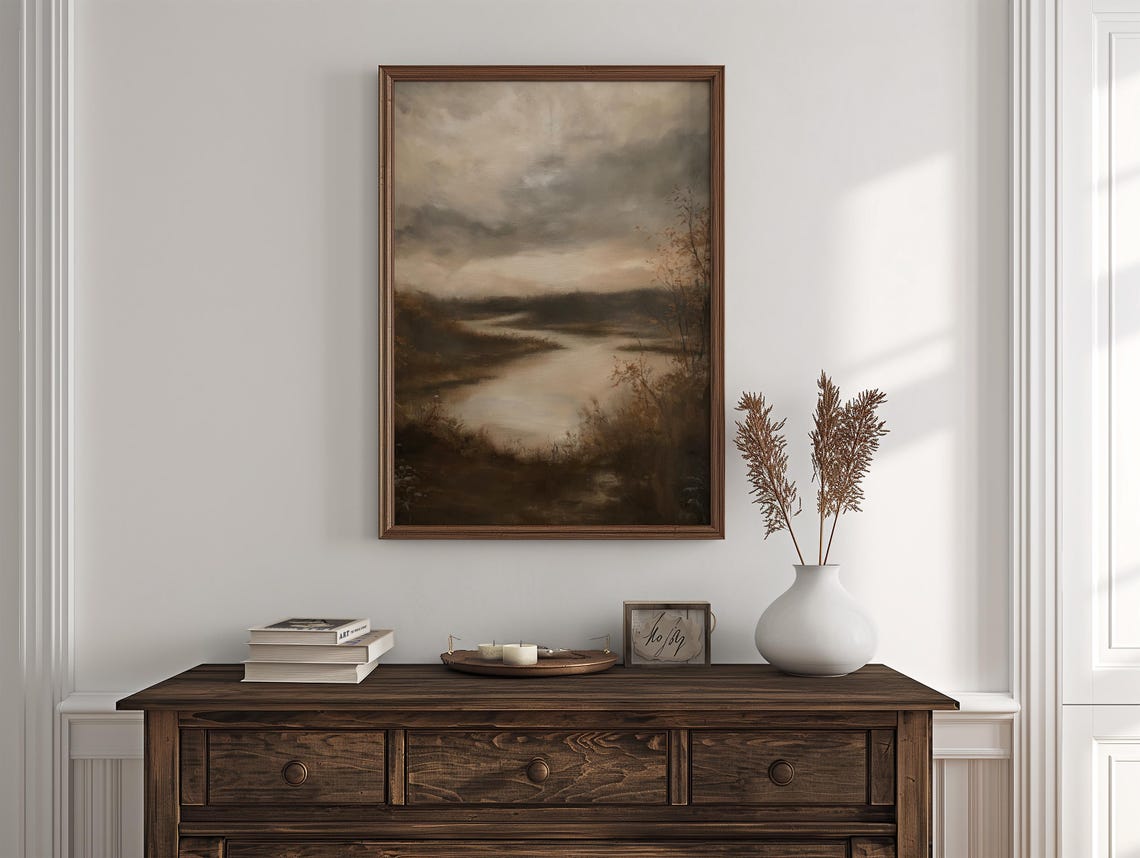 Moody Overcast River Marsh Sepia Landscape Vintage Painterly Wall Art - Image 4