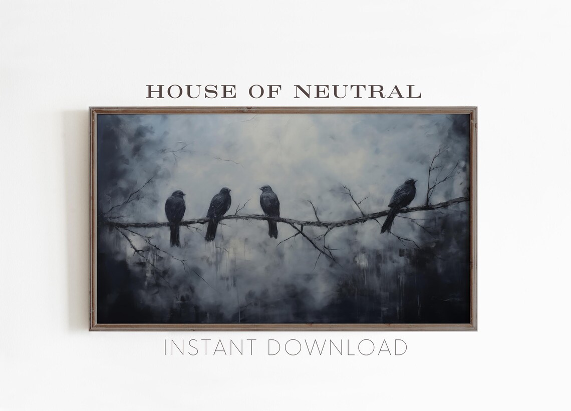 Four Black Birds Bare Branch Misty Blue Vintage Moody Night Art Poster