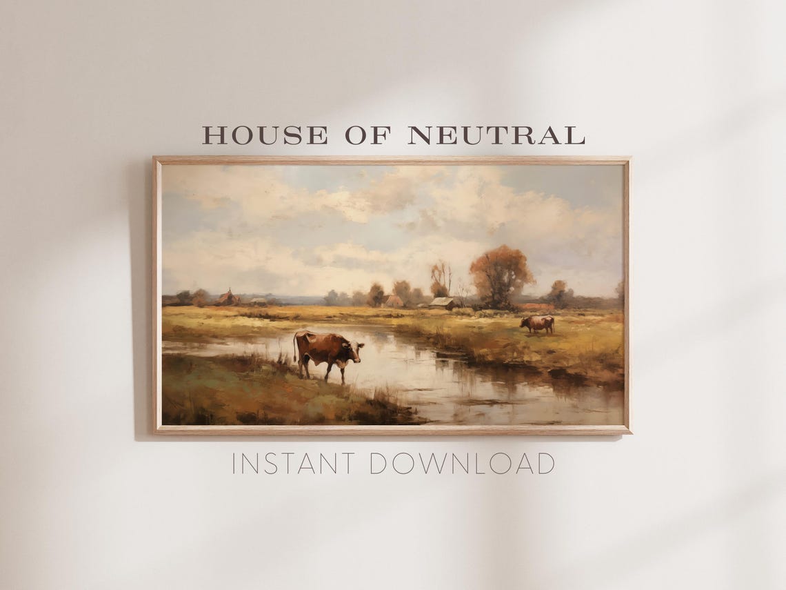 Vintage Cows By River Stream Farm Autumn Pasture Oil Painting Wall Art - Image 2
