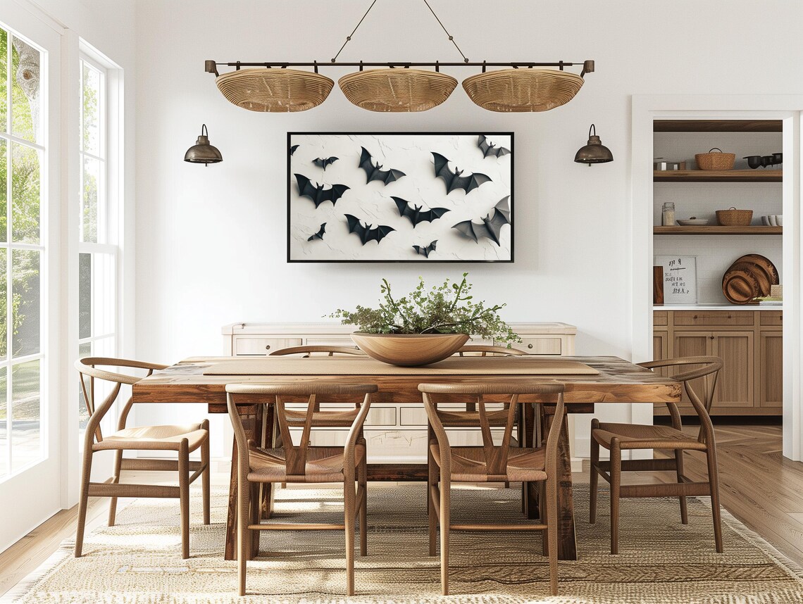 Black 3D Bats Cracked White Wall Modern Halloween Decor Art Wall Poster - Image 2