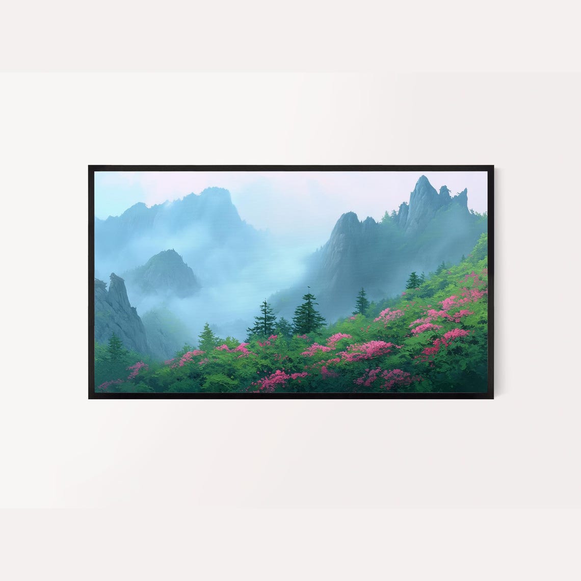 Misty Blue Korean Mountains Pink Azaleas Spring Landscape Art Poster