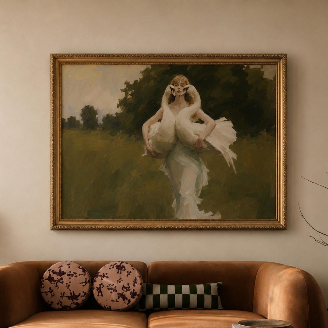 Woman With Two Swans Classical Oil Painting Meadow Art Poster