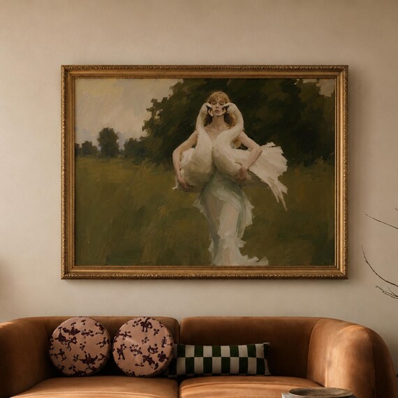 Woman With Two Swans Classical Oil Painting Meadow Art Poster