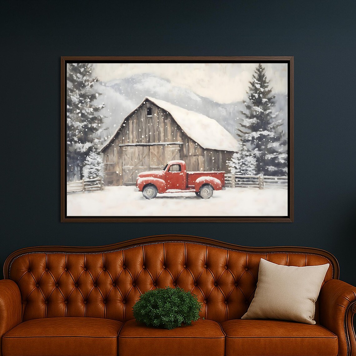 Red Vintage Truck Snowy Barn Winter Farmhouse Christmas Poster