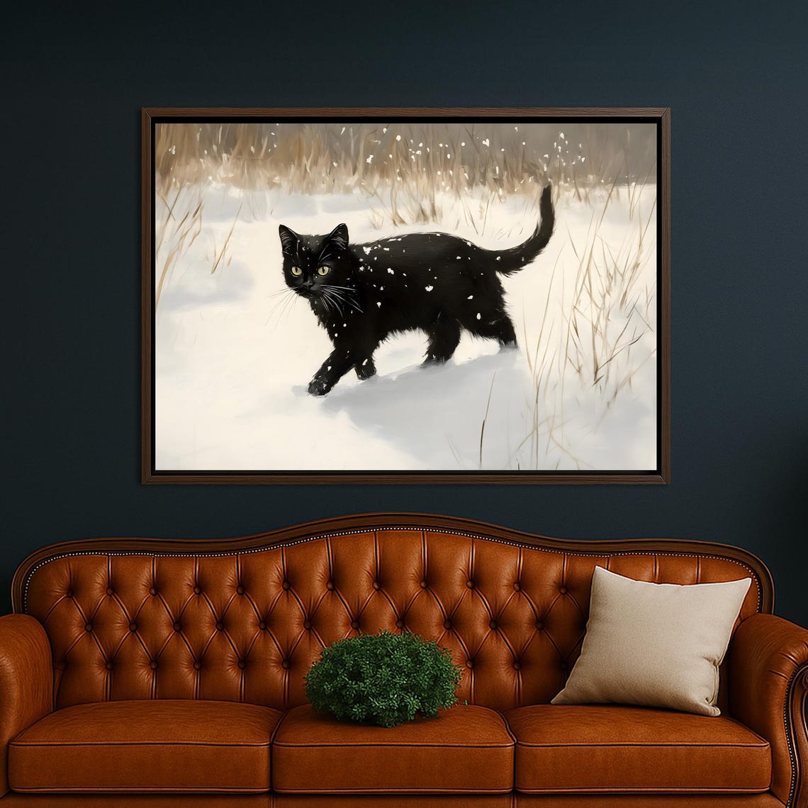 Black Cat Walking Snowy Winter Night Wildlife Portrait Poster