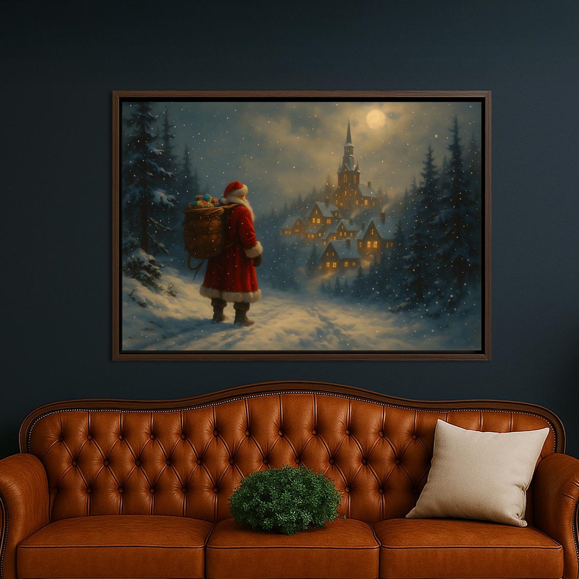 Santa Claus Night Village Snowy Moonlight Christmas Scene Poster