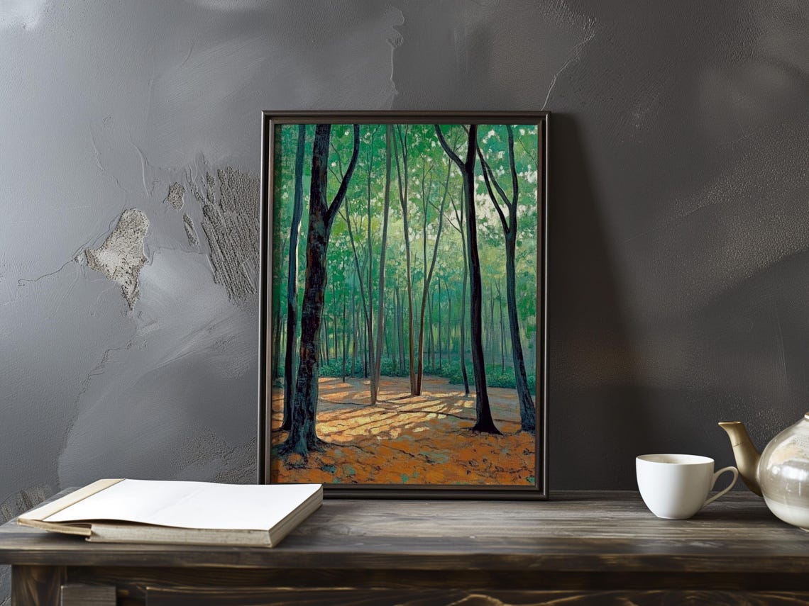 Sunlit Forest Clearing With Tall Trees Impressionist Landscape Poster