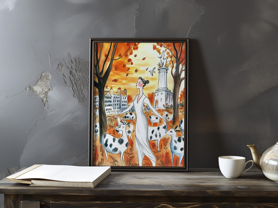 Woman in White Dress Among Deer at Sunset Fauvist Art Poster