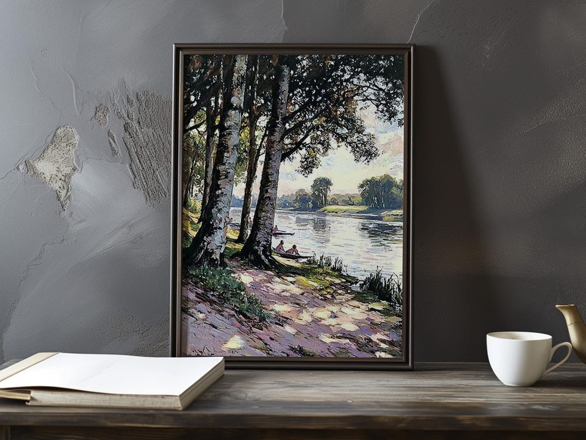 Tall Birches Lining a Calm River with Small Boats Summer Poster