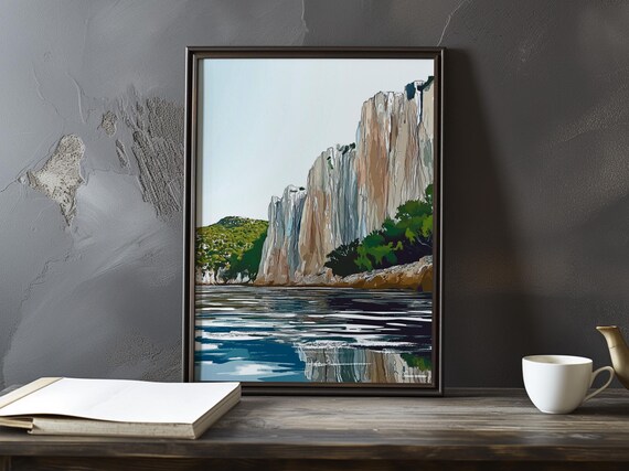 White Limestone Cliffs Above Turquoise Sea with Green Trees Poster