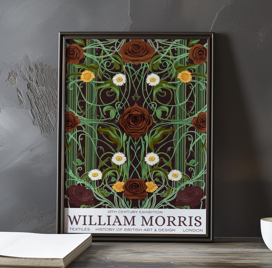 William Morris Brown Roses and Daisies on Plum Tapestry Poster