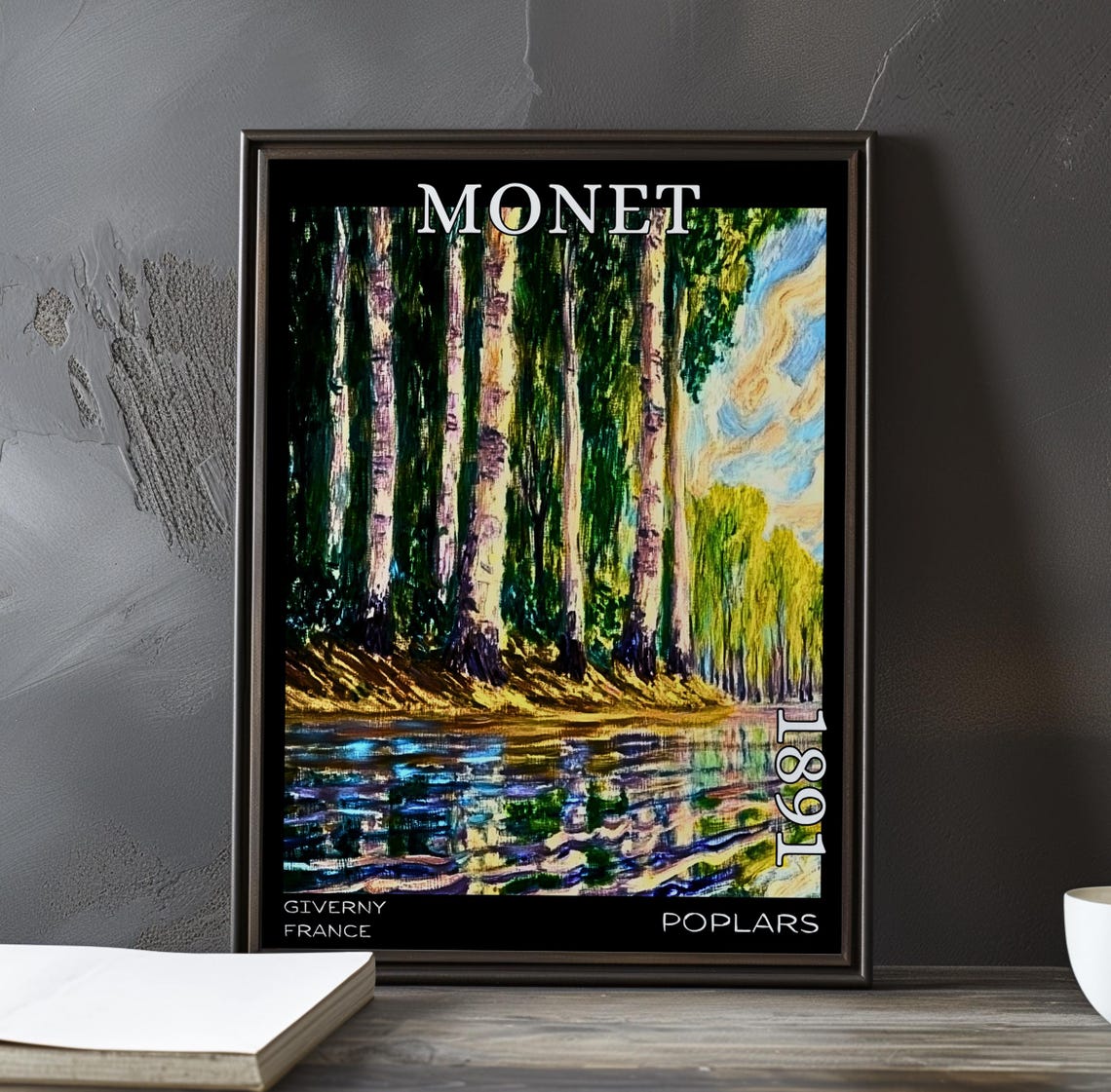 Monet 1891 Pale Poplar Trunks by River with Golden Bank Light Poster