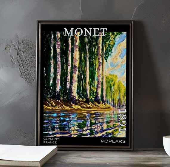 Monet 1891 Pale Poplar Trunks by River with Golden Bank Light Poster