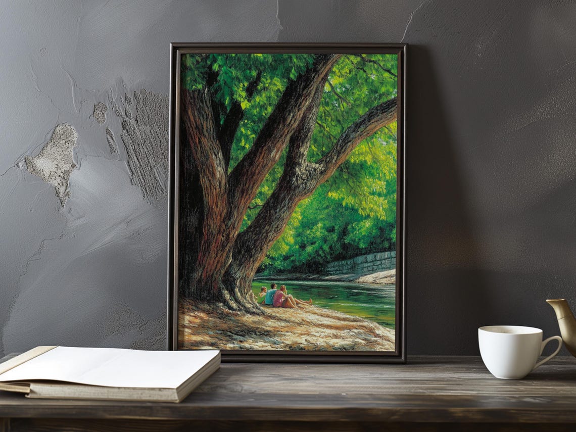Two Bathers Reclining Under a Twisting Tree by the River Poster