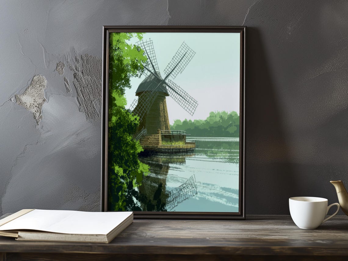 Windmill Reflected in Calm Water Beside Lush Green Trees Poster