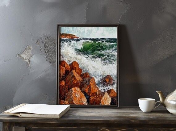 Emerald Wave Breaking Over Crimson Rocks Near a Headland Poster