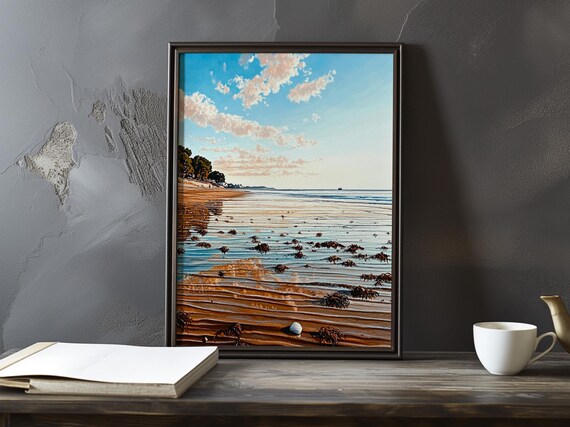 Rippled Sand Beach at Low Tide Under Blue Sky Impressionist Poster