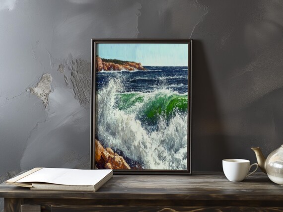 Emerald Breaker Spray Over a Rugged Rocky Ocean Shore Poster