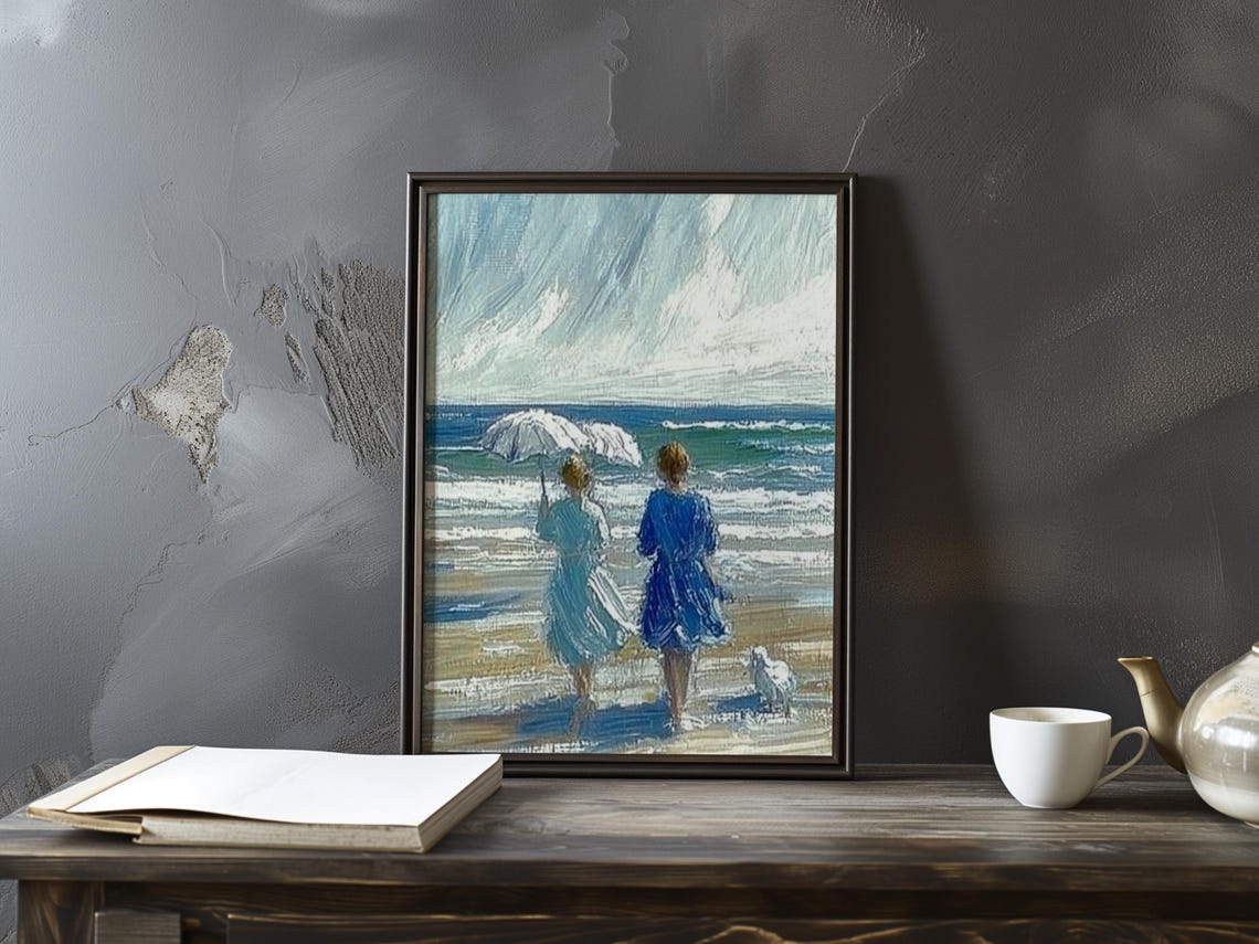 Boudin Inspired Two Women Wading into the Ocean Waves Poster