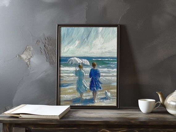 Boudin Inspired Two Women Wading into the Ocean Waves Poster