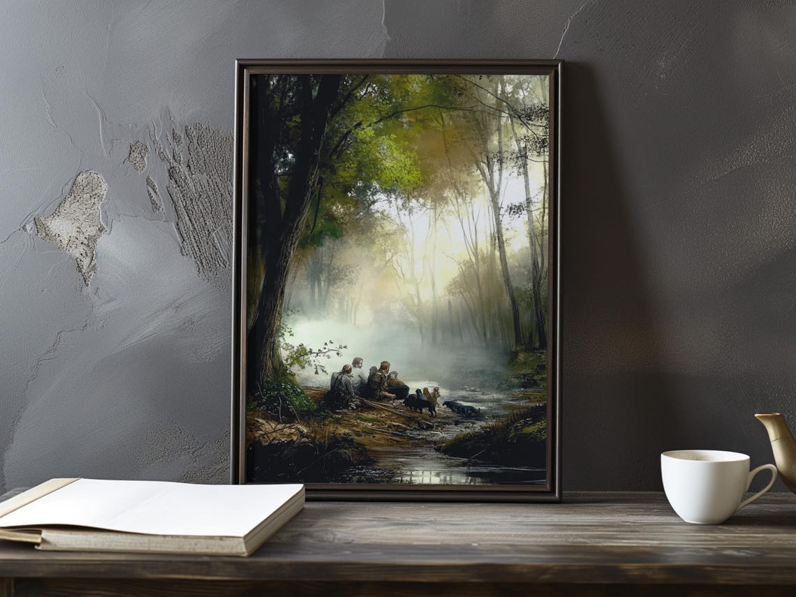 Campers Gathered By A Misty Forest Stream In Morning Light Poster