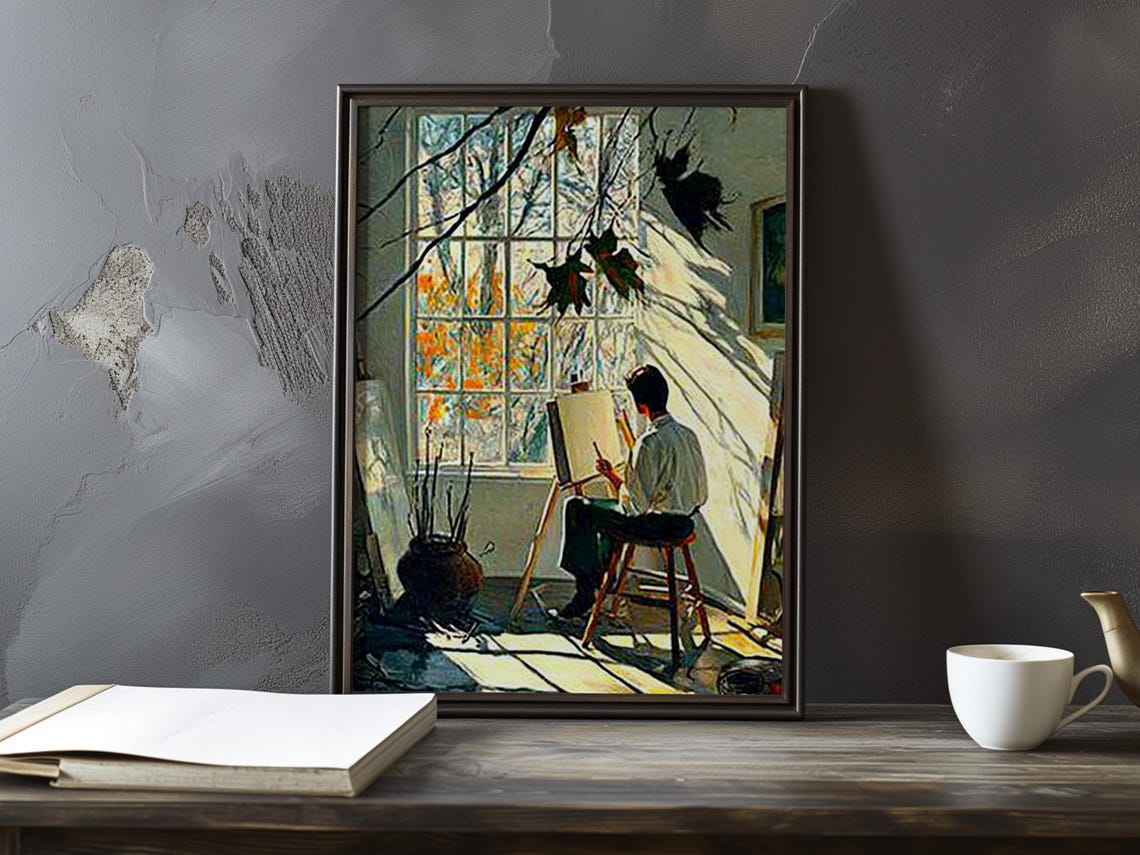 Artist Painting at Easel by Window with Autumn Branches Poster