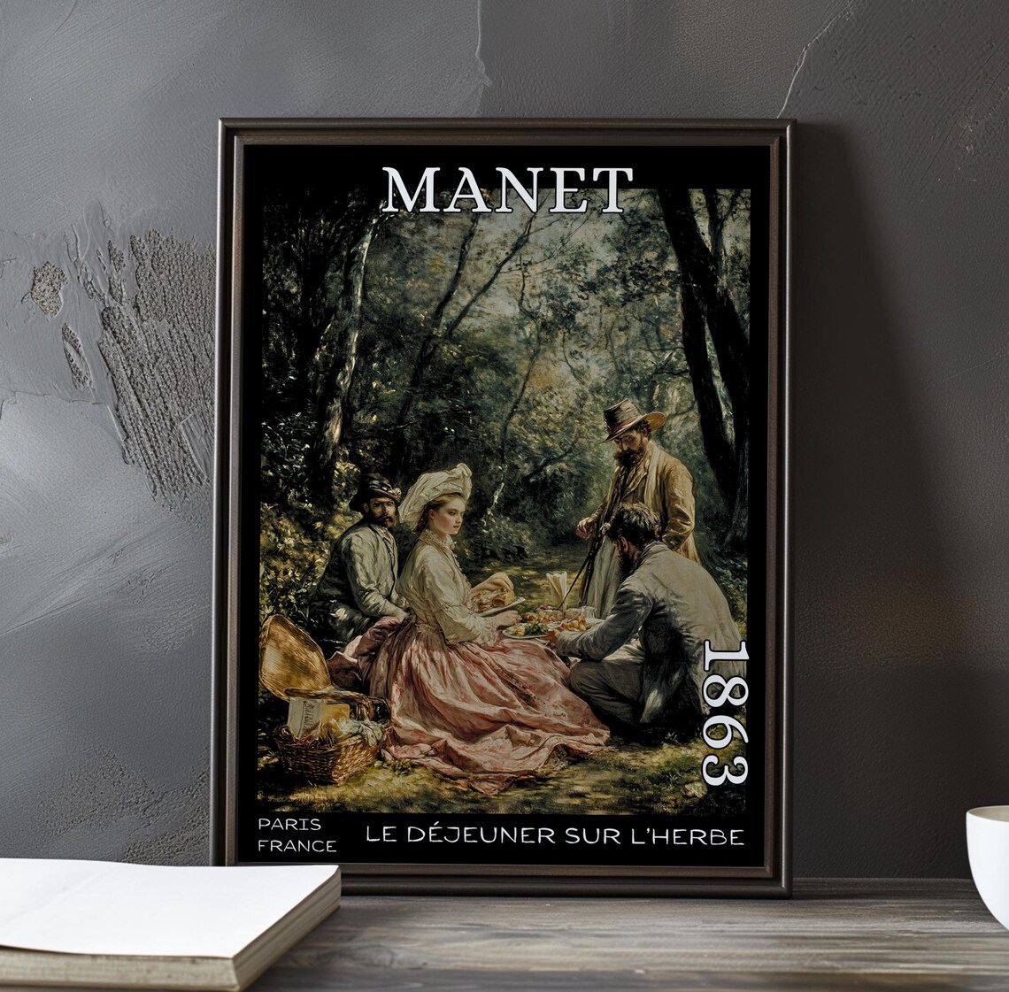 Woman in Pink Gown Picnicking in Dark Woods Manet-Style Poster