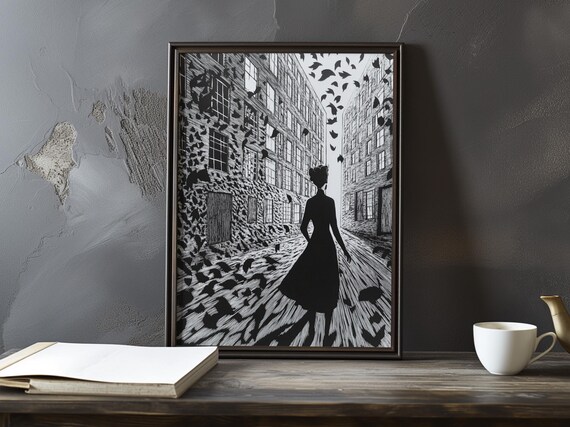 Black and White Silhouette of Woman on an Autumn Leaf Street Poster