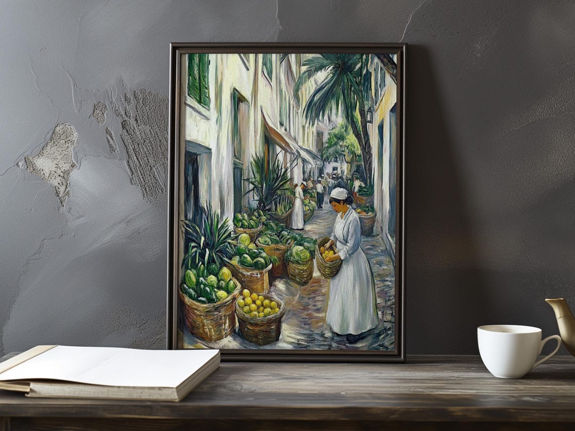 Provence-Style Market Street with Fruit Baskets Impressionist Poster