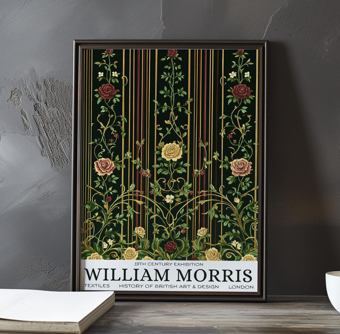 William Morris Climbing Rose Vines on Striped Black Ground Poster