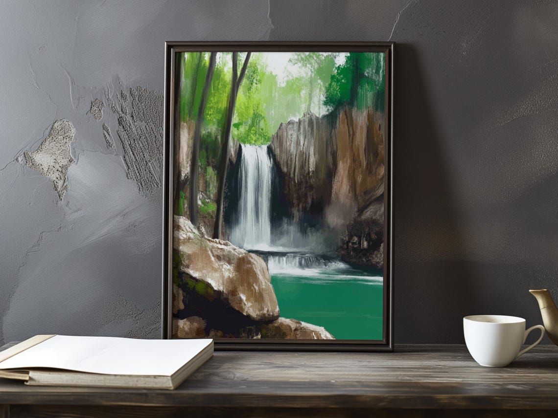 Forest Waterfall Plunging Into a Turquoise Pool Impressionist Poster