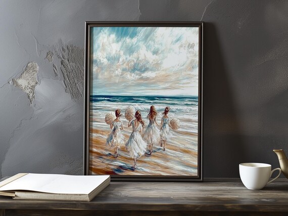 Four Women With Parasols Strolling the Golden Shore Painting Poster