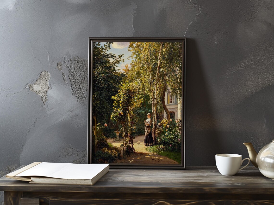 Woman Standing in a Sunlit Flower Garden Beside a House Art Poster