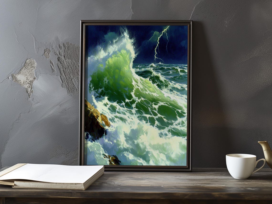 Emerald Wave Breaking Under Lightning in a Night Storm Poster